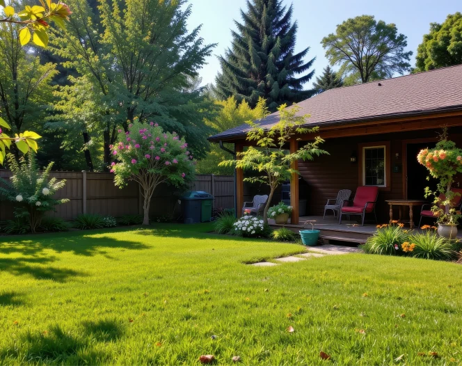 a calm backyard scene with sunlit grass flowering plants and a rustic outdoor vacation home free photo (1) 1